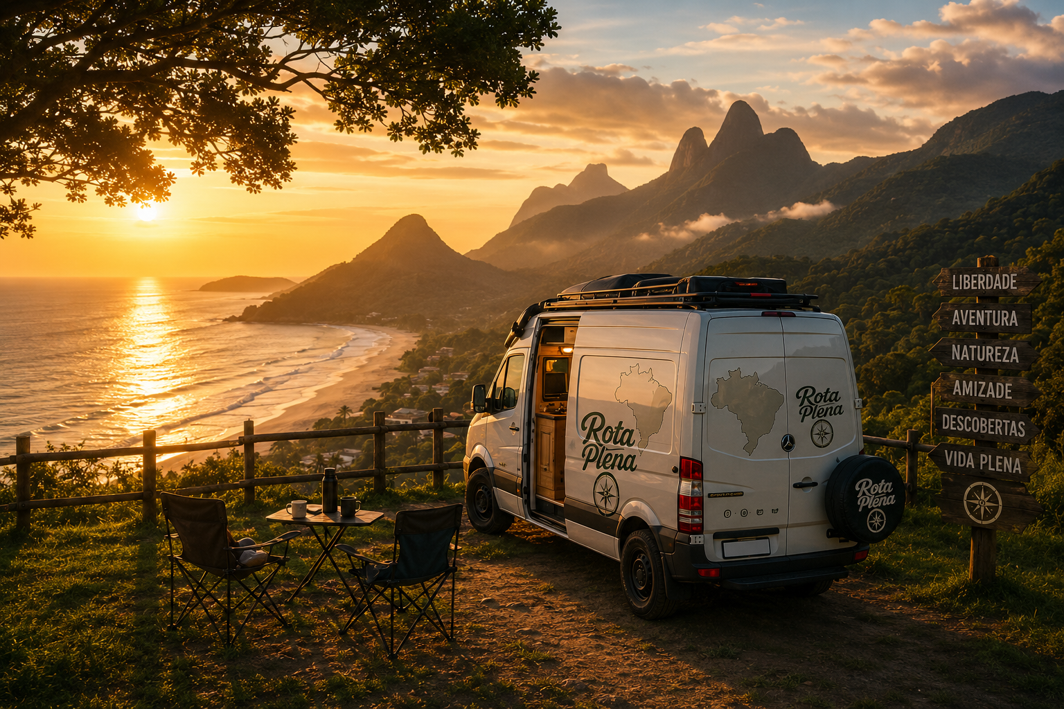 Motorhome em mirante de serra ao pôr do sol, imagem editorial Rota Plena